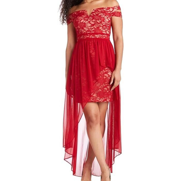 Morgan & Co Juniors Sheer Lace Dress Off-Shoulder (Size 1) High-Low Hemline NWT - Picture 1 of 9